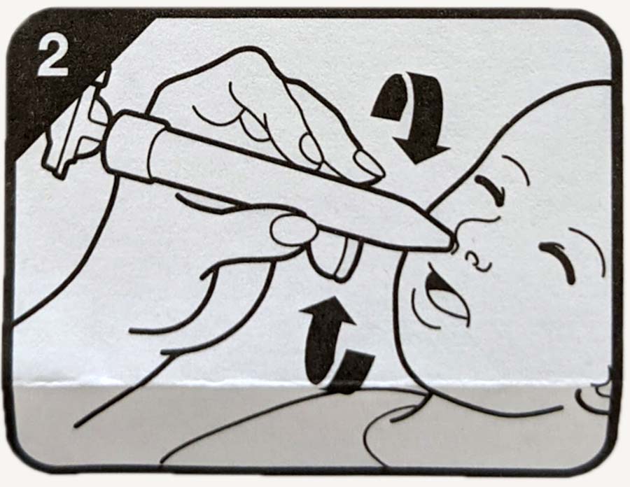 A diagram on how to use a nasal passage suction for removing snot from a baby.